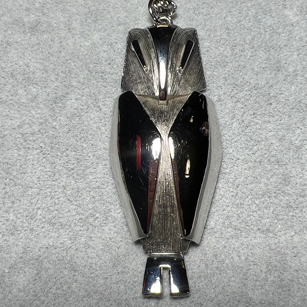 50s Mid-Century Modern Owl Silver Tone Pendant Necklace Vintage Goth